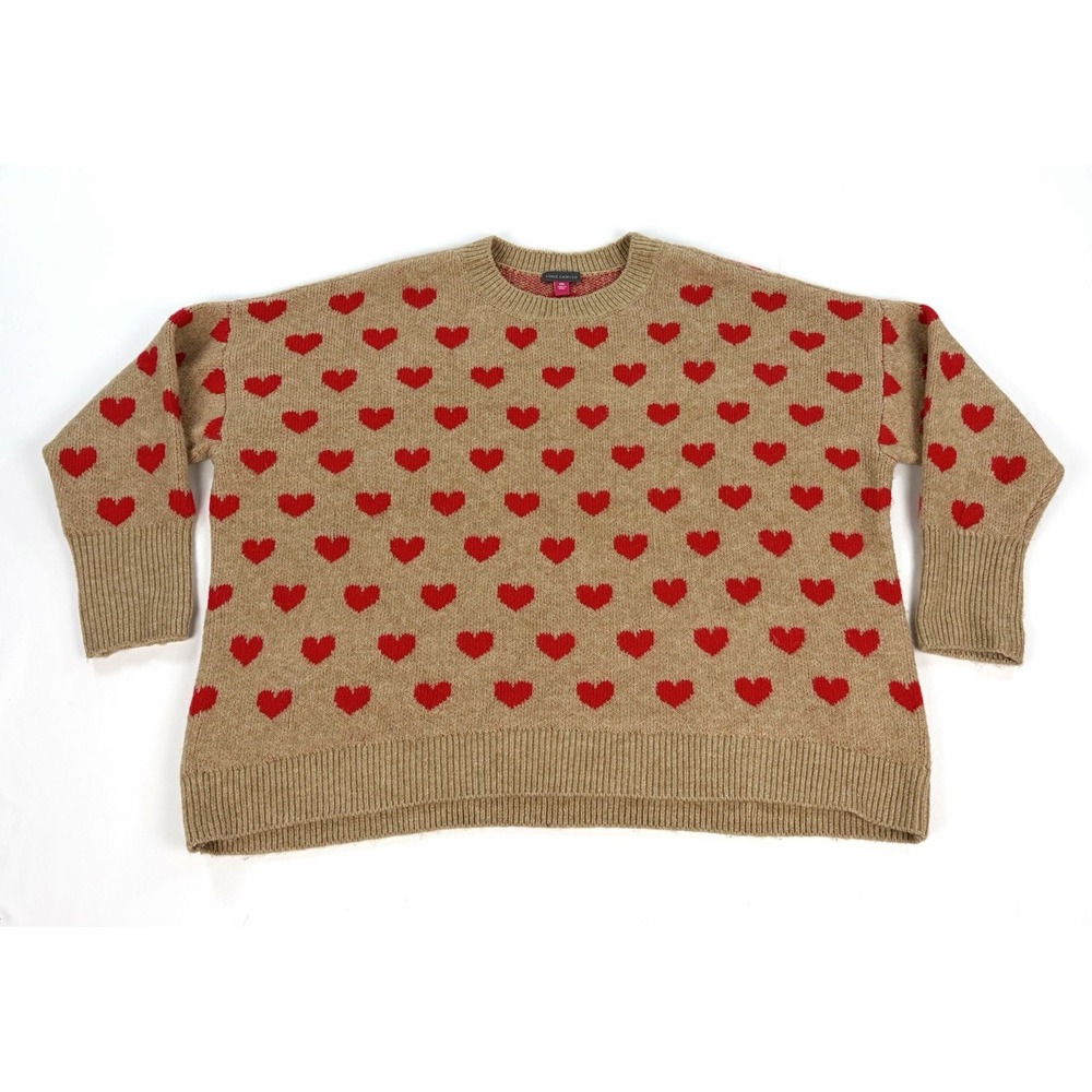 Vince Camuto Intarsia Red Heart Print Crewneck Sweater Tan Brown Women's 2XL XXL